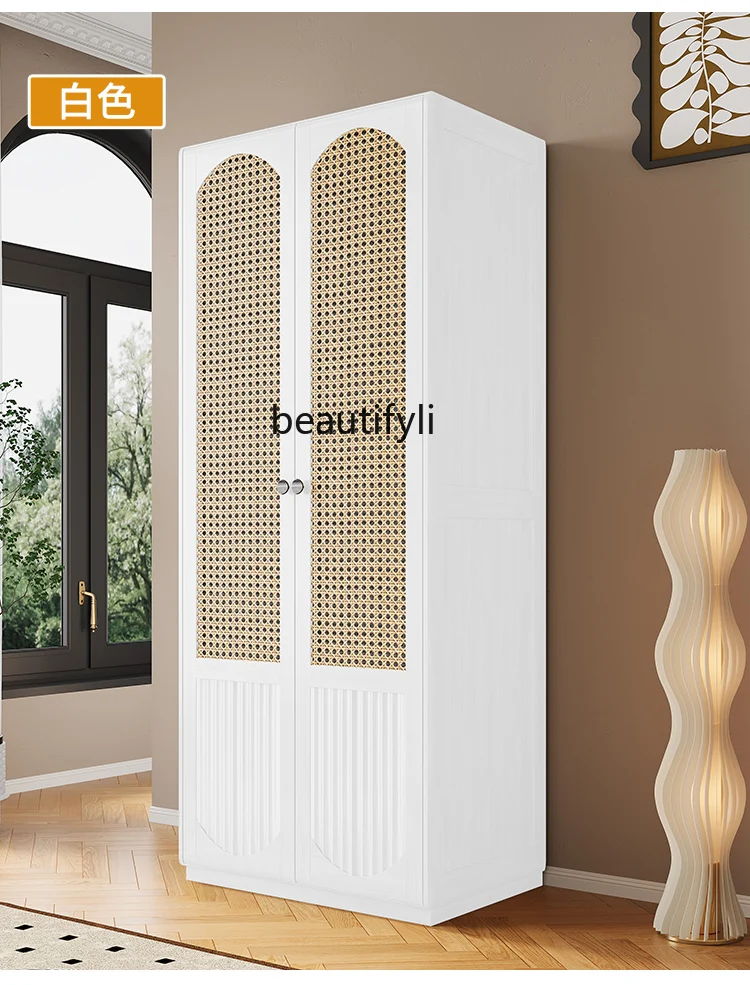 Solid Wood Rattan Woven Vintage Wardrobe Small Apartment Bedroom Black Wardrobe Storage Cabinet Home Double-Door Locker