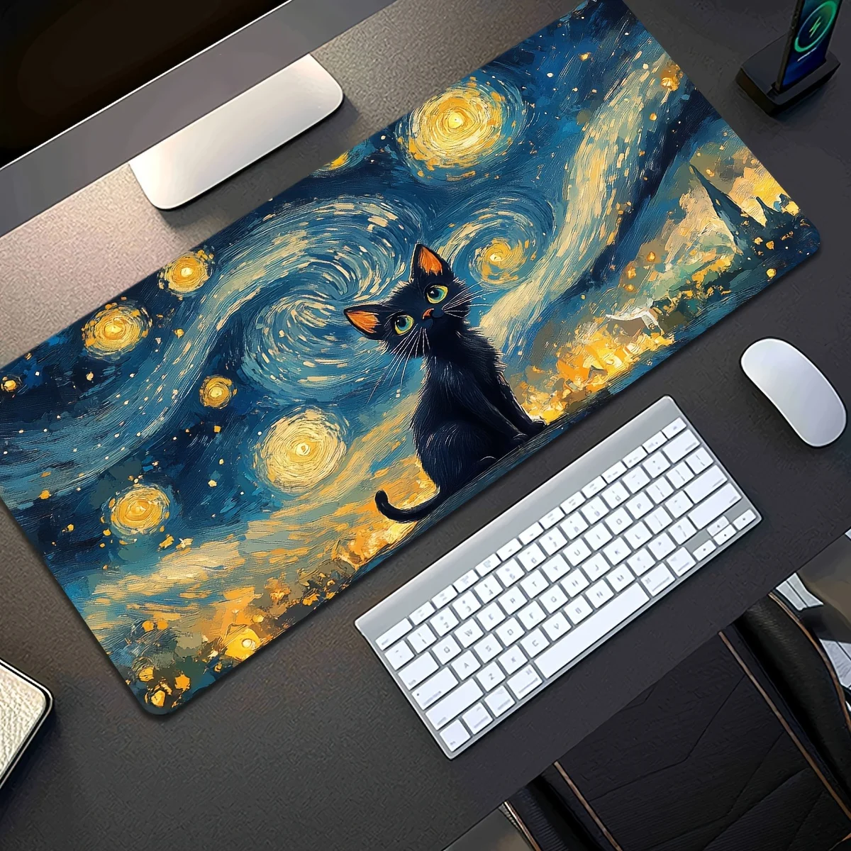 

Van Gogh Starry Night Cute Kitten Large Gaming Mouse Pad, Keyboard Desk Mat with Non-Slip Base
