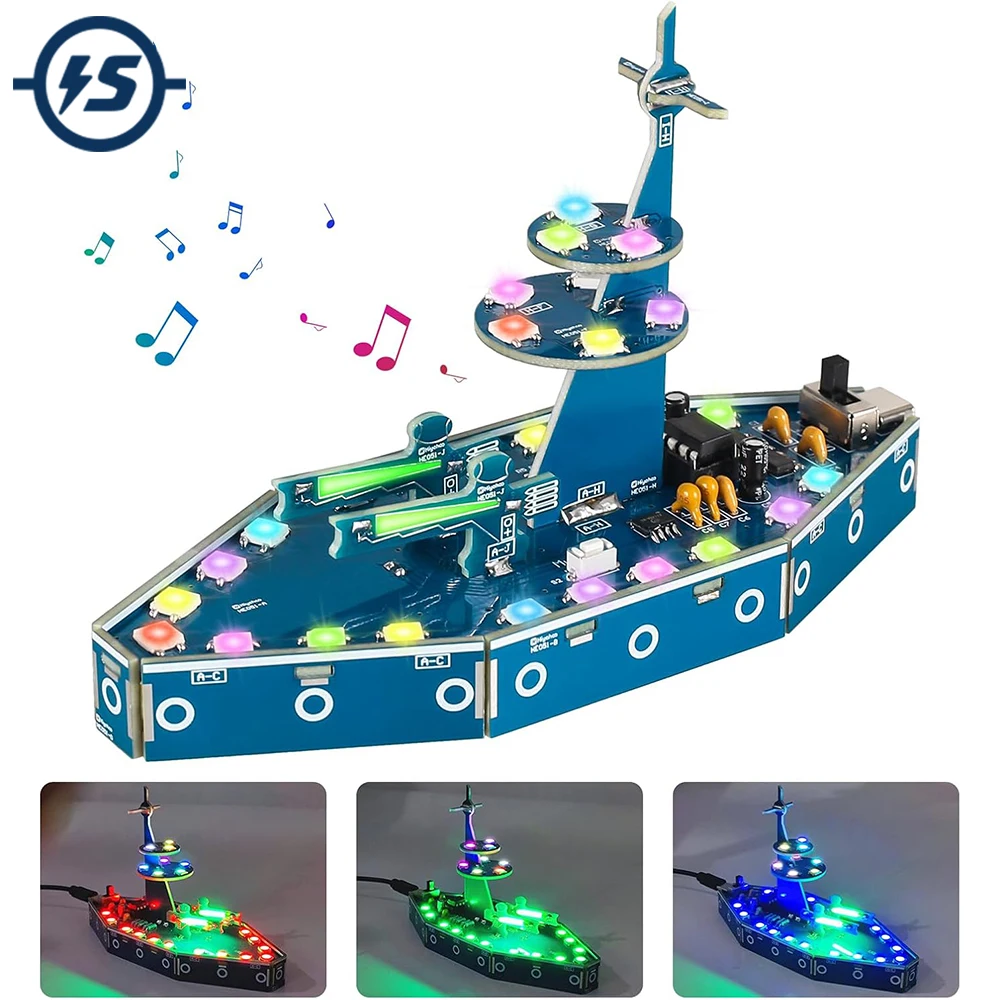 DIY Battleship Soldering Kit with RGB Lights & Music Electronic Warship Model STEM Educational Project for Home School Learning