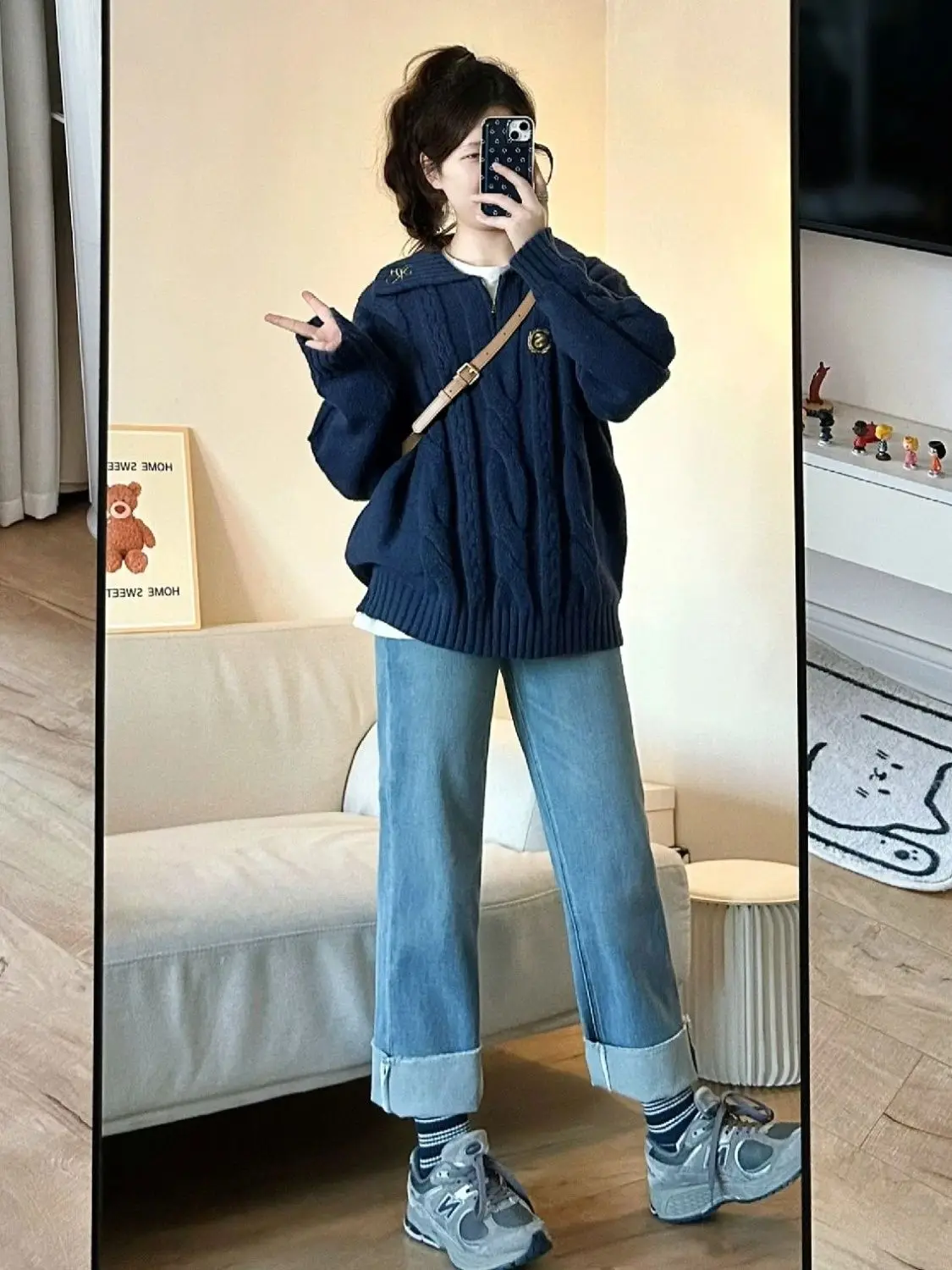 Autumn and Winter Korean Fashion Soft Sticky College Style Knitted Sweater Jeans Two Piece Set for Women