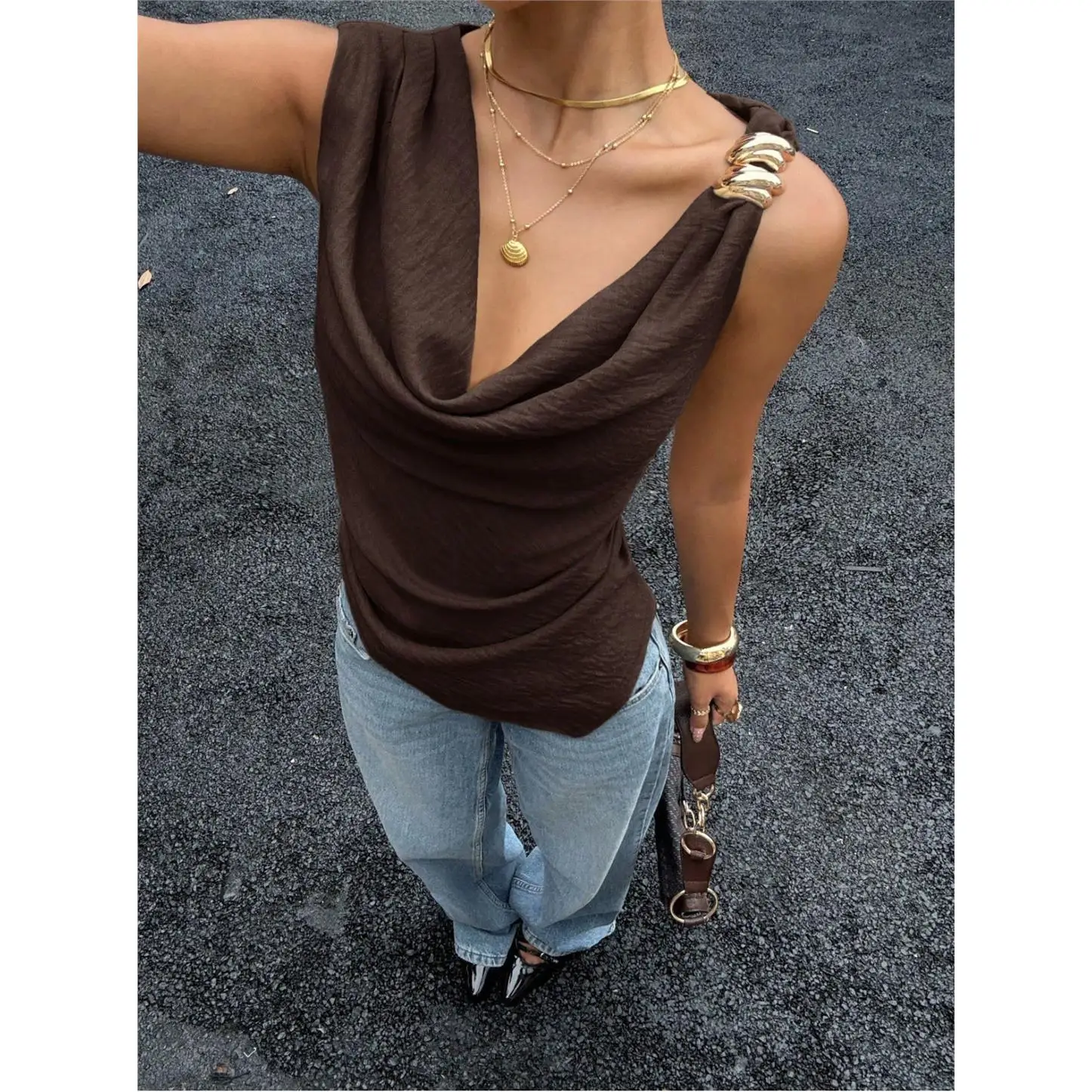 Summer Metal Decoration Women's Vest Pile Collar Sleeveless Shirt Cross-Border New 2026 A-Line Narrow Strap Vest Citywalk