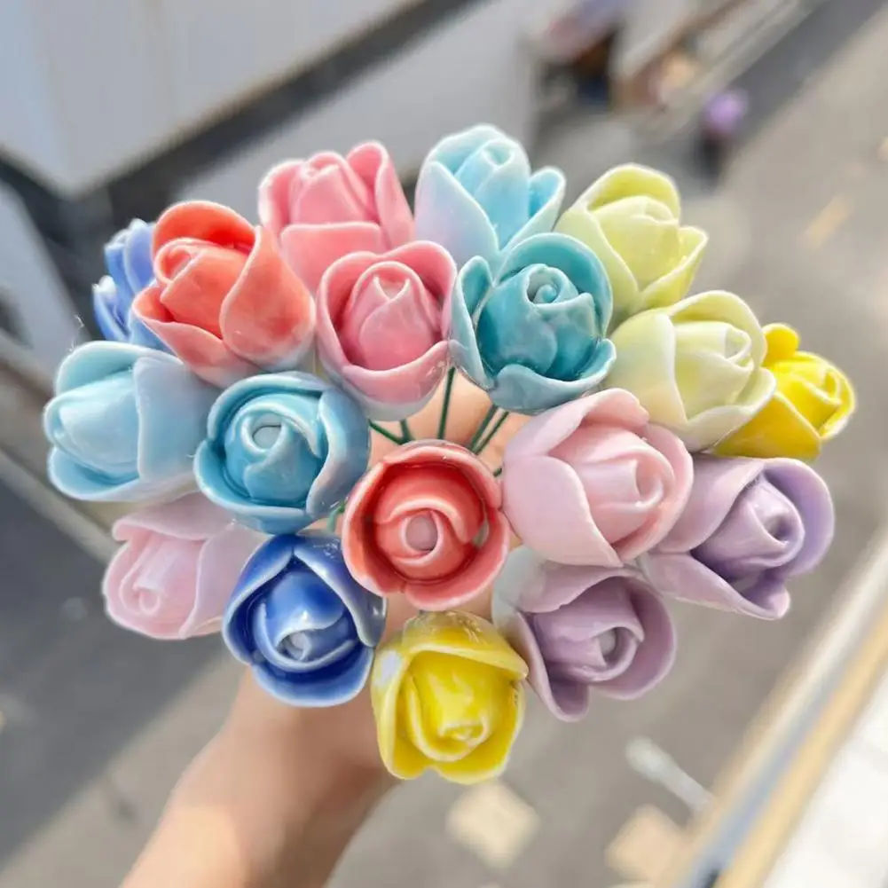Handmade Ceramic Flower Realistic Artificial Flower With Wire Stem Home Office Living Room Vase Fake Colorful Blossom Decor