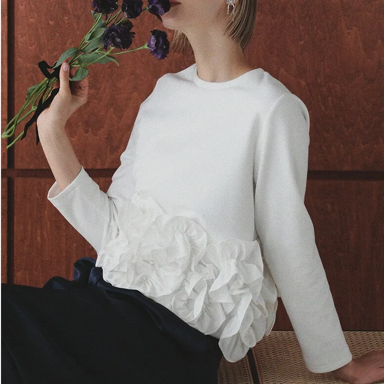 

Korean Japanese Sle Heavy Embroidery Flower Patchwork Sweatirt Women's Loose Fit Design Trendy Doll irt Autumn Winter