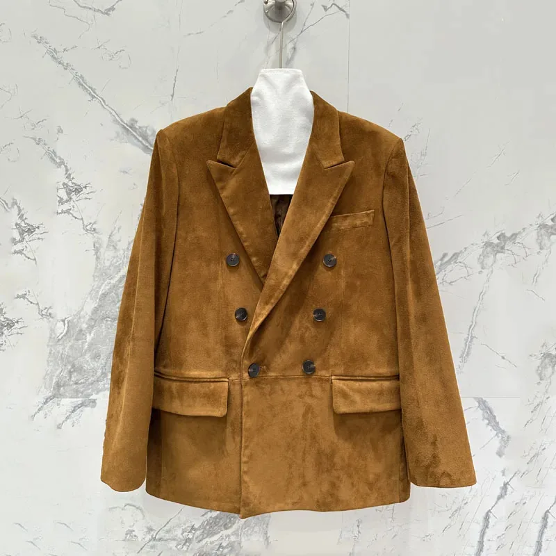 Echte leren jas 2025 Nieuwe mode damesjas voorjaar en herfst Suède leren pakstijl Dubbele rij knopen