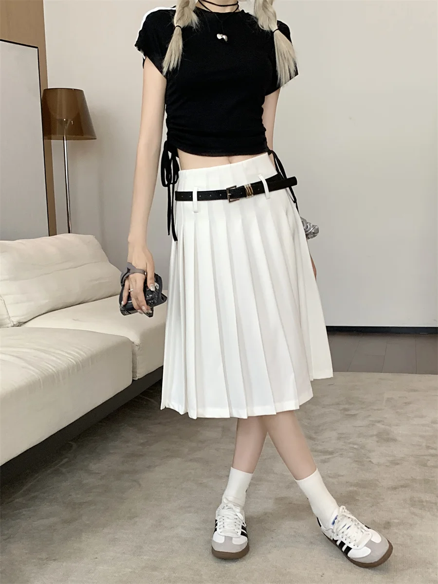 

Белая юбка-миди трапециевидной формы с высокой талией, плиссированная утягивающая летняя новая корейская юбка для поездок на работу, однотонная модная женская юбка
