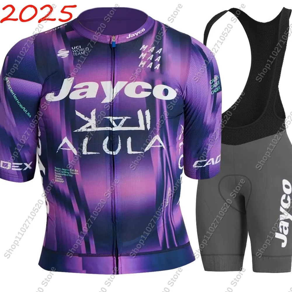 2025 Jayco Alula Team Cycling Jersey Short Sleeve Set Purple Australia Clothing Road Bike Shirts Suit Bicycle Bib Grey Shorts