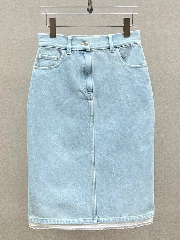Light blue high-waisted straight-cut denim skirt; a stylish, versatile new arrival for Autumn 2026 featuring lace trim.