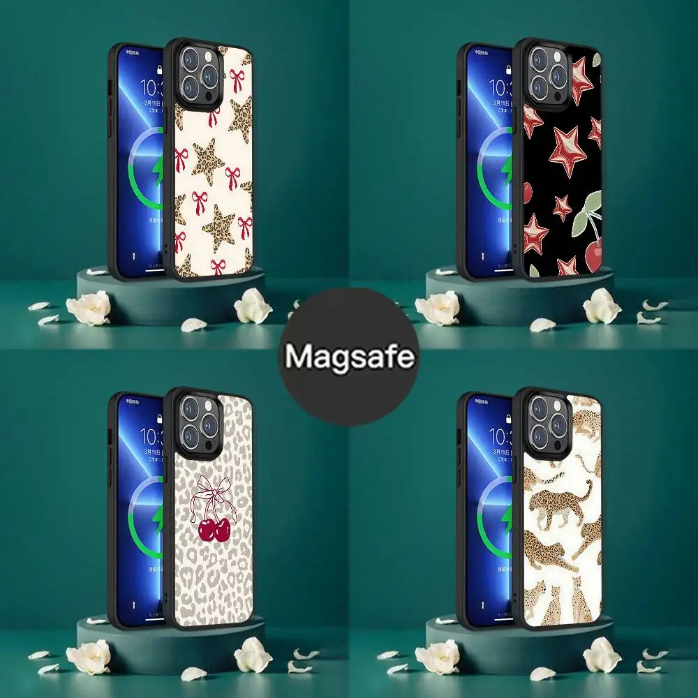 

Leopard Print Cherry Star Phone Case For iPhone 17,16,15,14,13,12,11,Pro,Max,Plus,Mini,SE4,E Magnetic Magsafe Wireless Charging