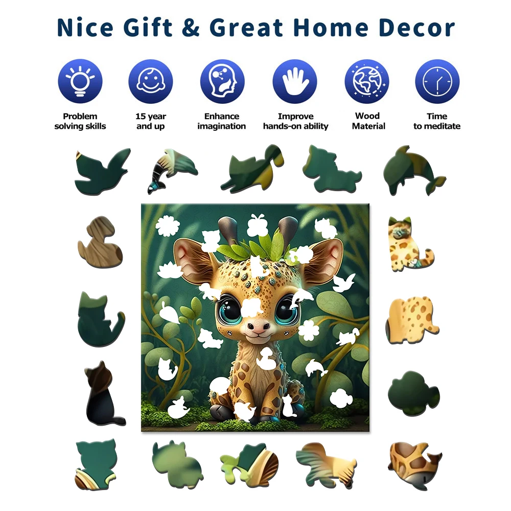 Sweet Little Deer Wooden Puzzle for Jigsaw lover, Uniquely Irregular Animal Shape Puzzles Wooden Toys, Christmas Birthday Gift