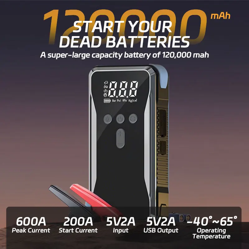Multi-Function Car Emergency Jump Starter Power Bank, with Tire Inflation Air Pump, LED Lighting & USB Charging for Auto.