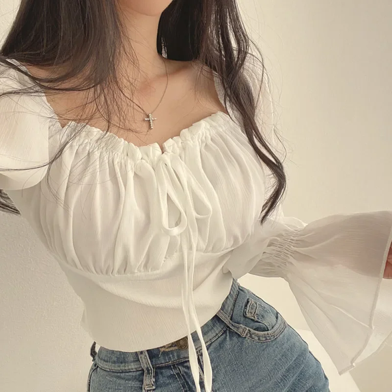 Korean Style Chiffon Blouse with Ruffled Sleeves and Waist Tie, Short Shirt with French Sexy Strap Square Neckline for Women