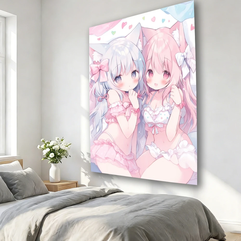 Cute Pink 2D Galgame Tapestry - Wall Hanging for Bedroom Dorm, 2D Character Anime Home Decor