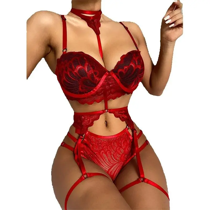 Sexy Lingerie Set Women Lace Mesh See Through Hollow Out Garters Thong Push Up Bra Set Female Sex Costume Underwear view 3