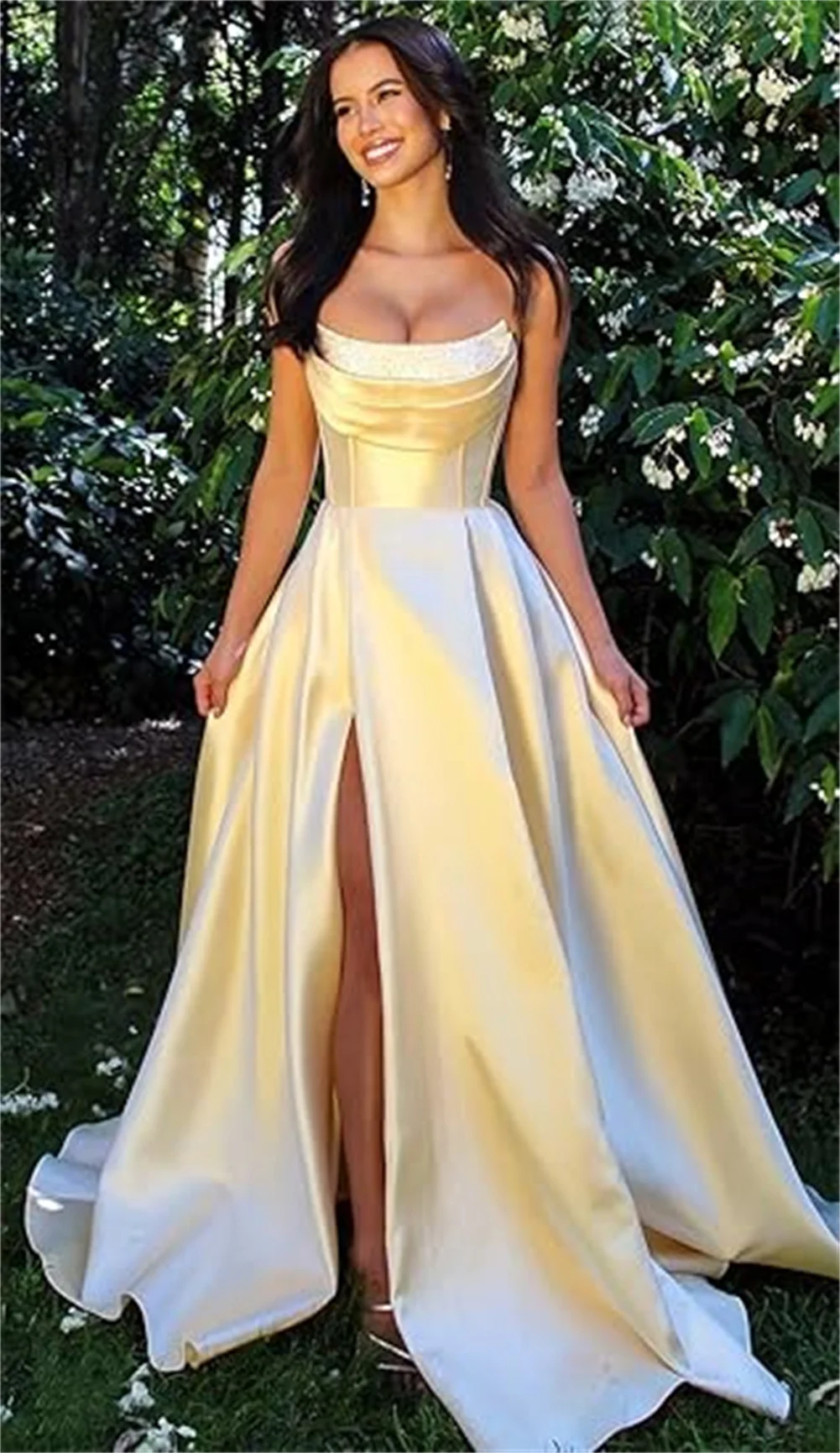 

Customized Strapless Corset Prom Dress For Women Side Slit Long Satin Formal Evening Gown With Pocket A Line White Wedding Dress