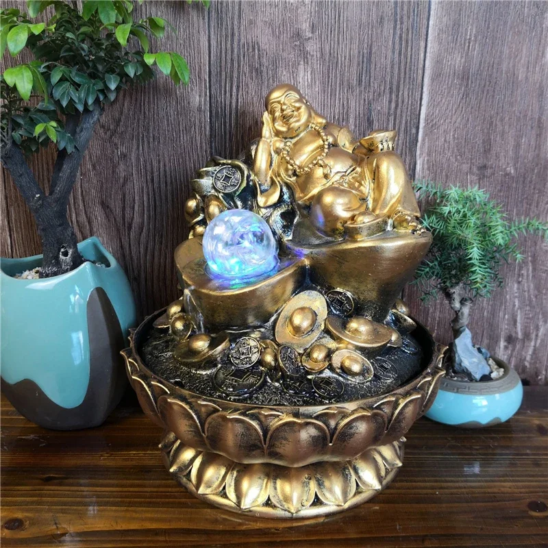 

Подарки ручной работы, украшения Lucky Feng Shui, золотые статуи Будды Майтрейи, домашние настольные фонтаны с светящимися шариками со светодиодной подсветкой