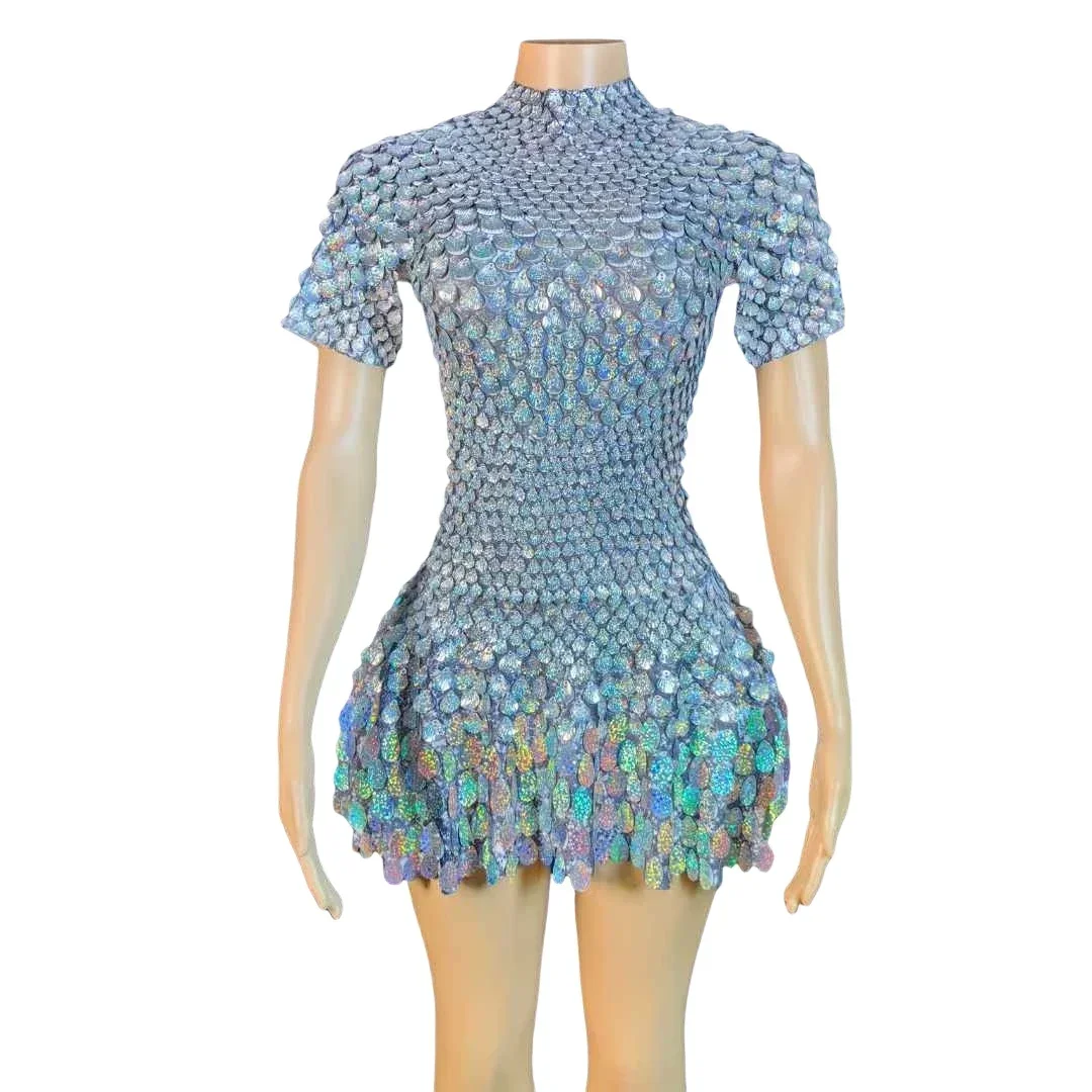 

Shell Short Sleeve Sparkly Sequins Dress For Women Drag Queen Costume Night Clubwear Ballroom Cheerleading Las Vegas Show