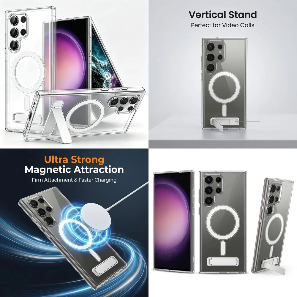 Clear Magnetic Case for Samsung S21 S22 S23 FE S24 S25 Ultra Plus S26 Metal Stand Shockproof Wireless Charging Hard Cover