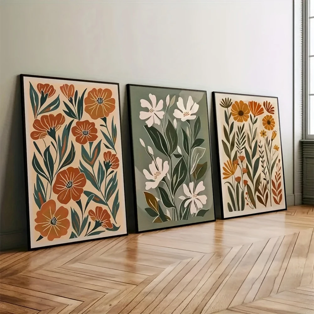 3Pcs Boho Floral Wall Art Set, Neutral Earth Tone Botanical Prints, Sage Green & Terracotta Minimalist Flowers Decor for Bedroom