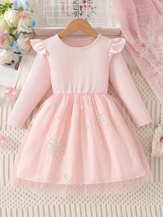 Little Girls' Light Pink Snowflake‑Embroidered Tulle Tutu Dress, Round Neck, Ruffled Flutter Sleeves, Atmosphere‑Filled Party Go