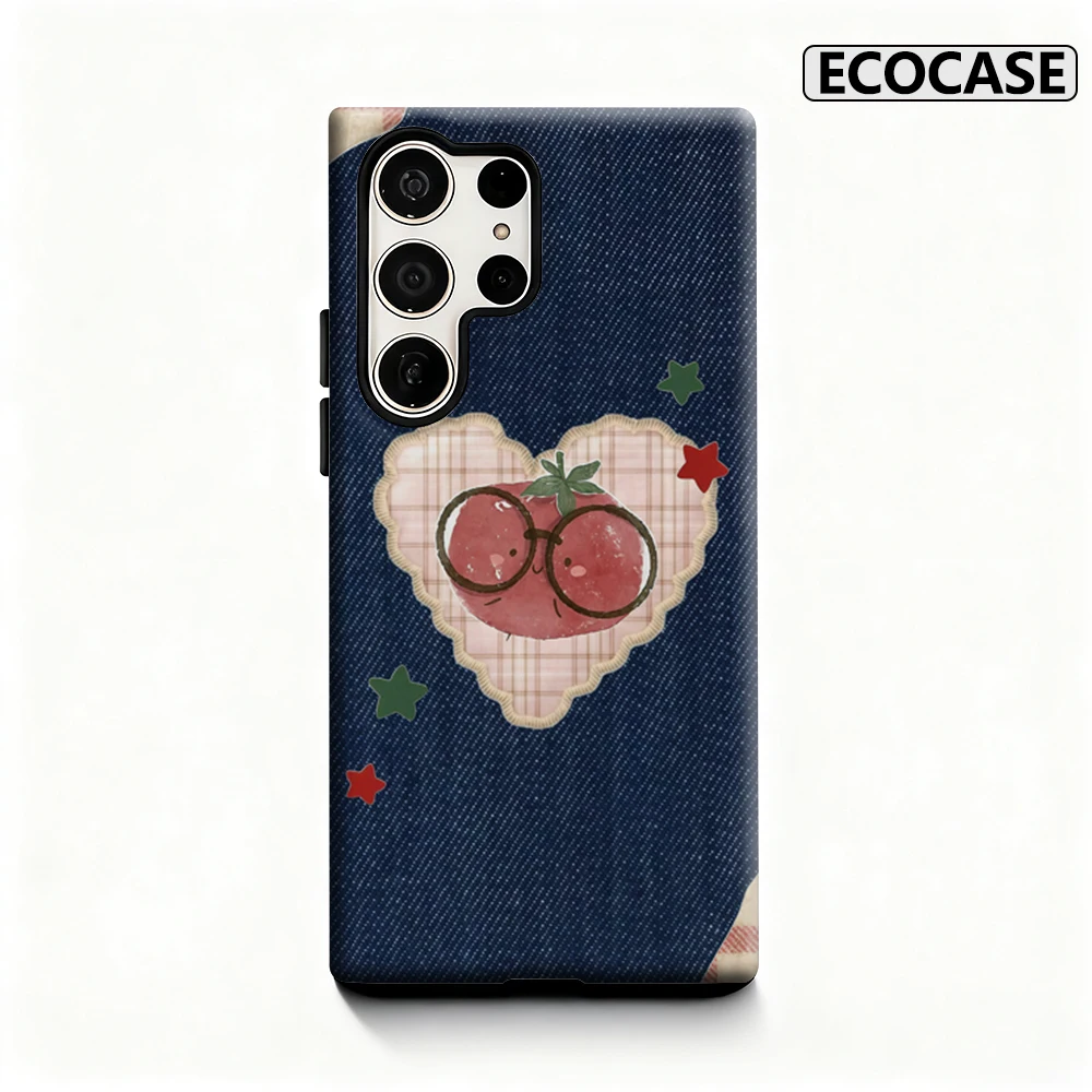Niedliche Tomaten-Handyhülle im Denim-Stil für Samsung Galaxy S25 Ultra S24 S23 Ultra Plus, glänzende doppellagige Rückseite