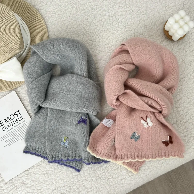 Women's Scarves New Korean Butterfly Comfortable Knitted Scarfs For Girl Contrasting Sweet Kawaii Winter Warm Plushed Thickened