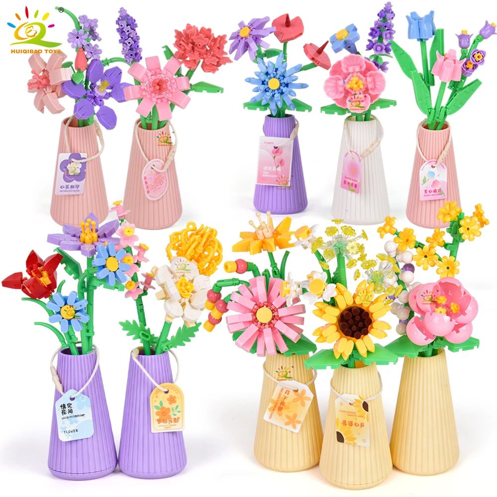 HUIQIBAO MOC ramo de flores eternas con maceta Micro bloque de construcción girasol Rosa Mini modelo ladrillo juguete decoración de escritorio para el hogar