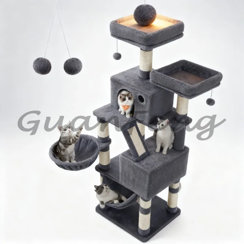 168cm L Size Large Cat Tree Wooden Cat Tower Entertainment House with Scratching Post & Platform for Indoor Cats