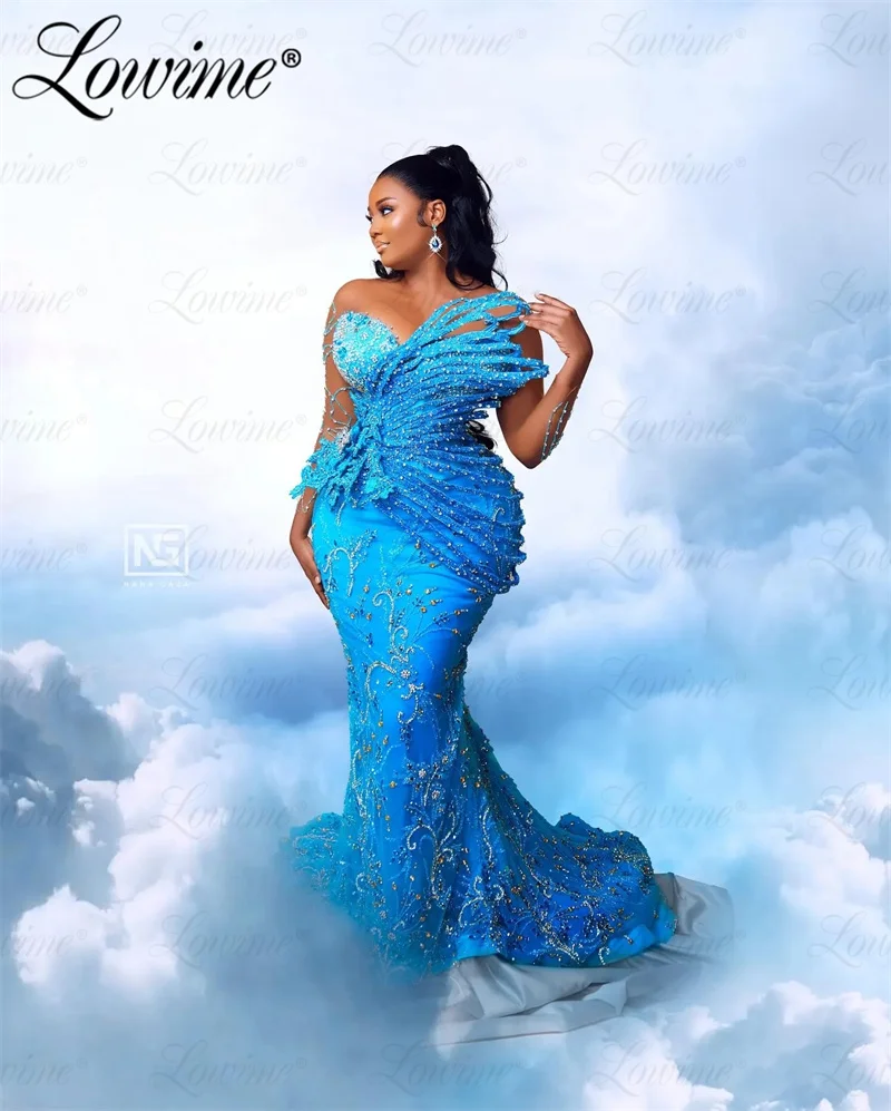 Luxury Blue Arabic African Long Mermaid Evening Gowns Full Sleeves Beaded Crystals Formal Party Dress Custom Made Prom Dresses