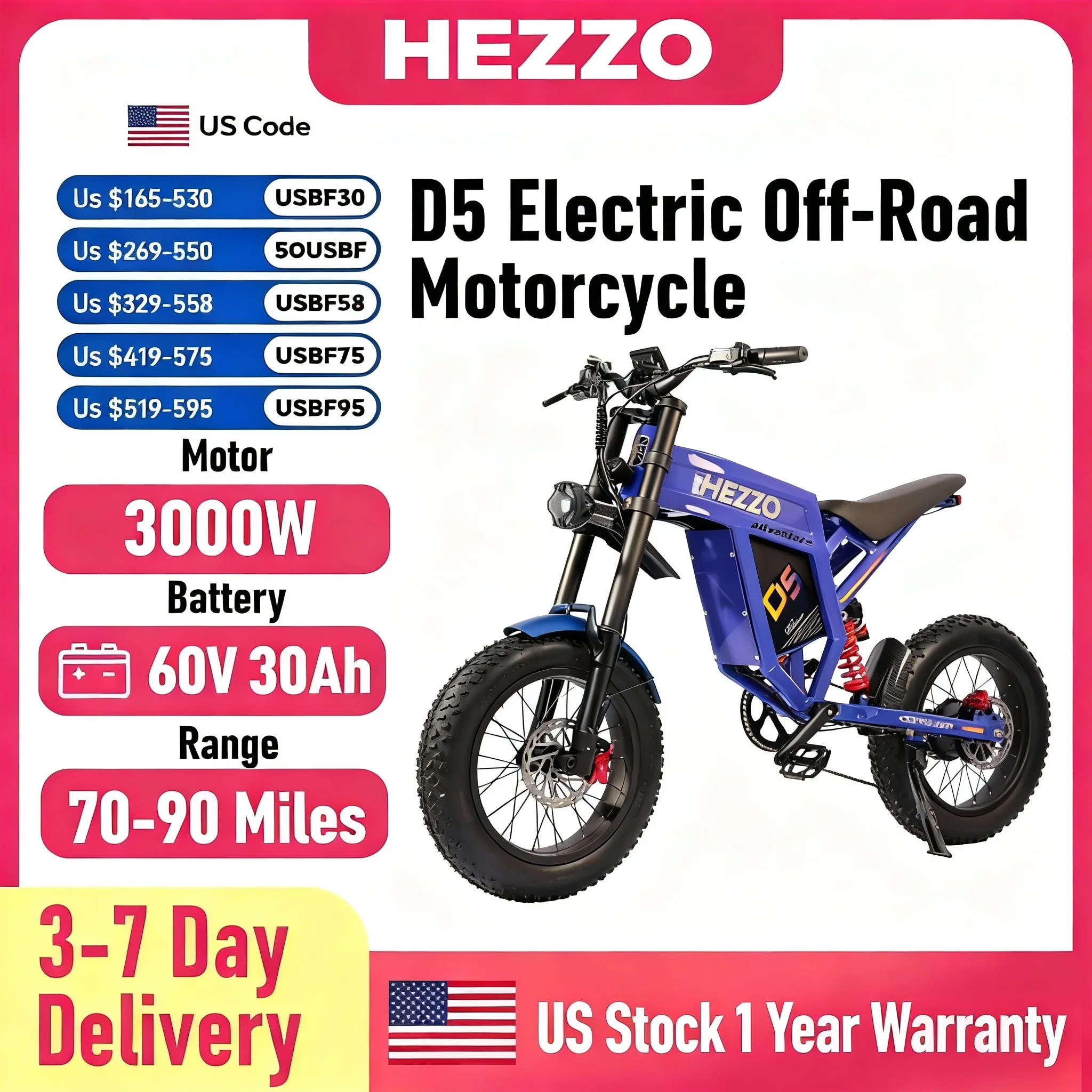 

HEZZO D5 3000 Вт 60 В для отдыха бездорожья приключения электрический мотоцикл 30 Ач 62-93 миль IP55 Бесплатная доставка на складе США