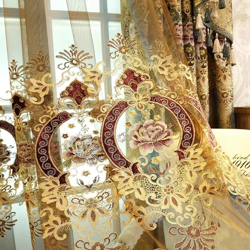 Custom  Size！！European Heavy Industry Embroidery Hollow Gold-coffee Peony Flower Luxury Curtains for Living Dining Room Bedroom