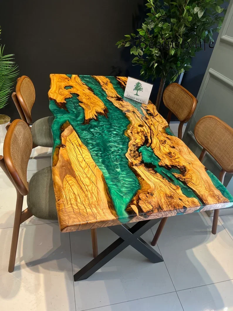 N45 Specially Design Walnut Solid Wood Dining Tables Top Blue Transparent River Resin Rectangular Wood Epoxy Table Green