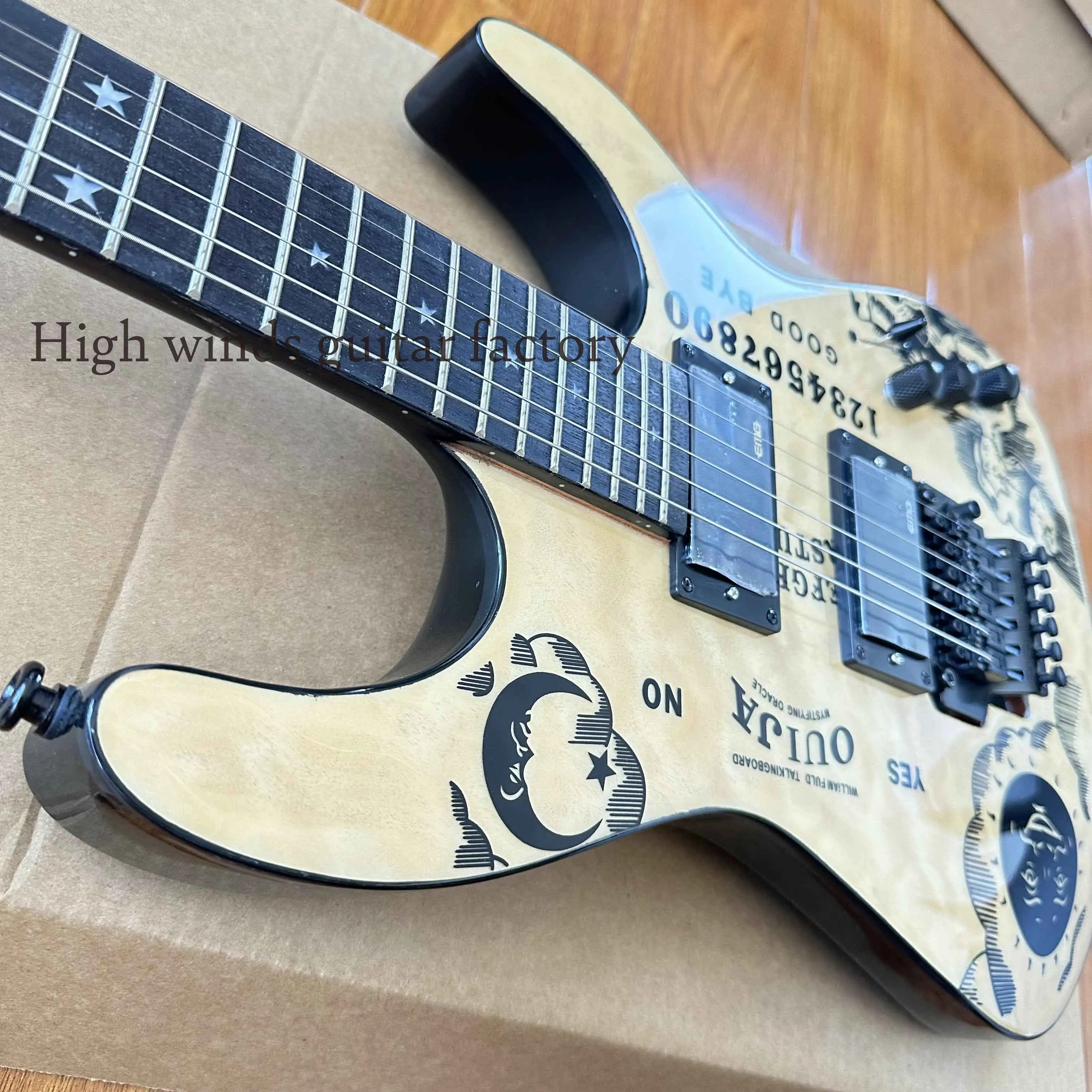 Solid Body custom wood colored Ouija electric guitar with moon-free delivery