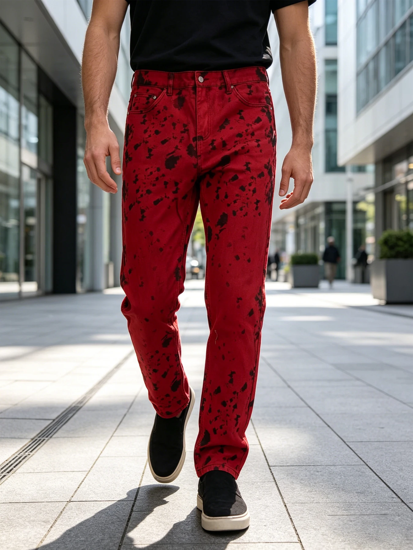 New Men's Red and Black Tie-Dye Vintage Slim Fit Jeans with Personalized Dye Printing High Street Trend Casual Pants