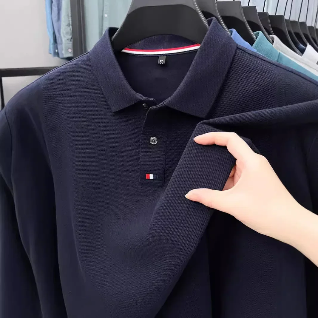 Collar T-shirt for men, long sleeved, autumn, middle-aged, business, pure cotton, casual polo shirt, top for men