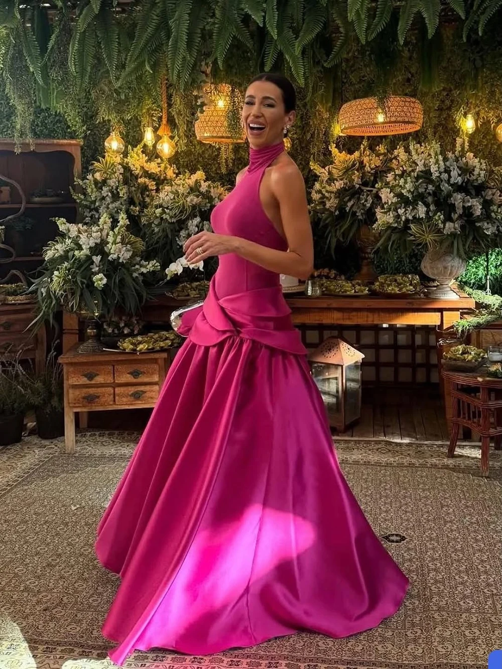 Msikoods Customized Hot Pink Halter Satin Evening Dresses Backless Formal Evening Gown Layered Prom Dress Long Party Dresss - view 6
