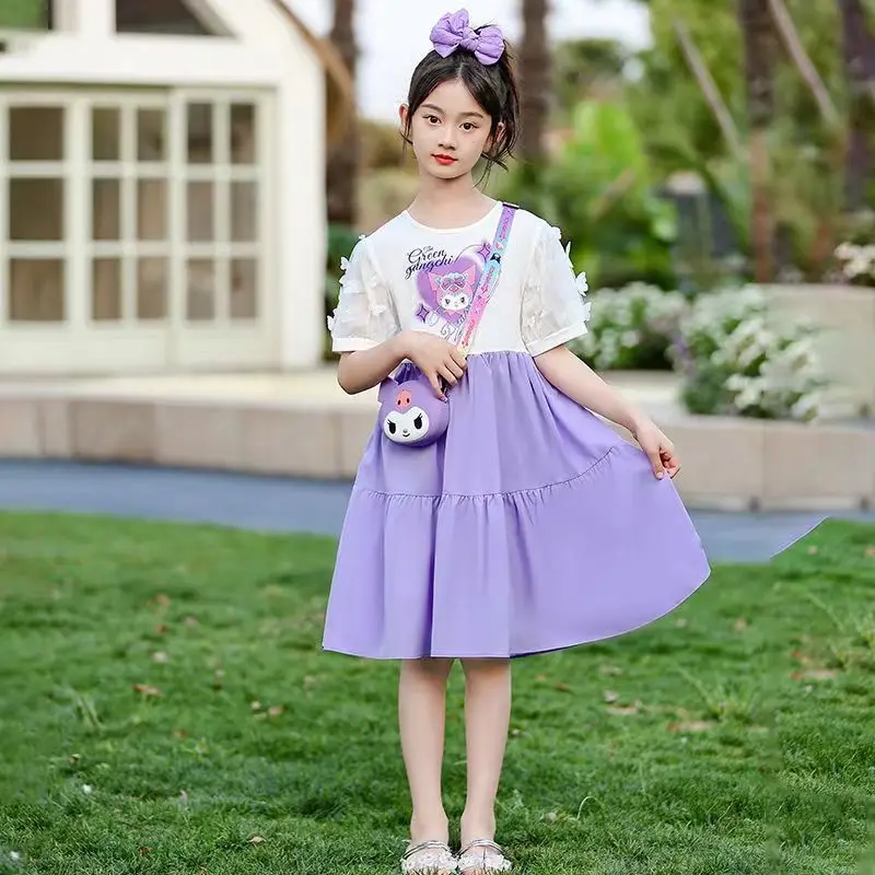 

Kawaii Sanrios Kuromi Girls Dresses Summer Fashion Short-Sleeved Princess Skirt Girls College Style Skirt Children's Clothing