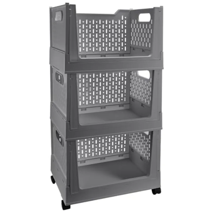 

Stackable Plastic Storage Bins 3 Pack Foldable Closet Organizers and Storage Basket with Wheels Collapsible Drawer Shelf Storag