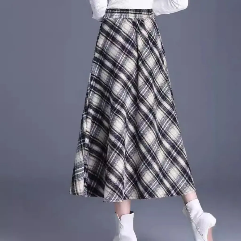 

Women's Vintage Plaid Woolen Skirt Mid-Length Fashion Autumn Winter Thickened Fabric Large Flared Hem