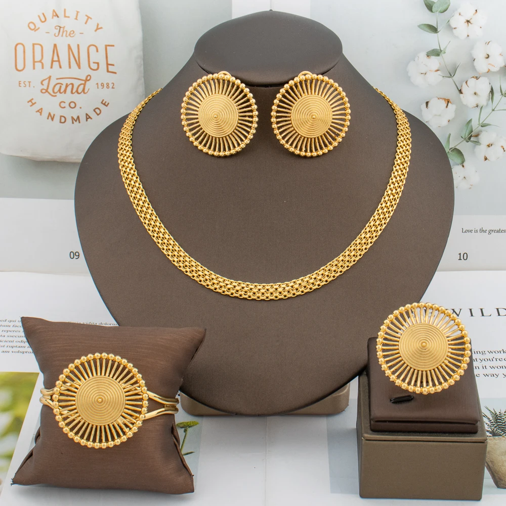 Luxury Gold Color Earrings Chain Hot Sale 45cm Necklace Bracelet Ring Dubai African Fashion Jewelry Set Party Anniversary Gift