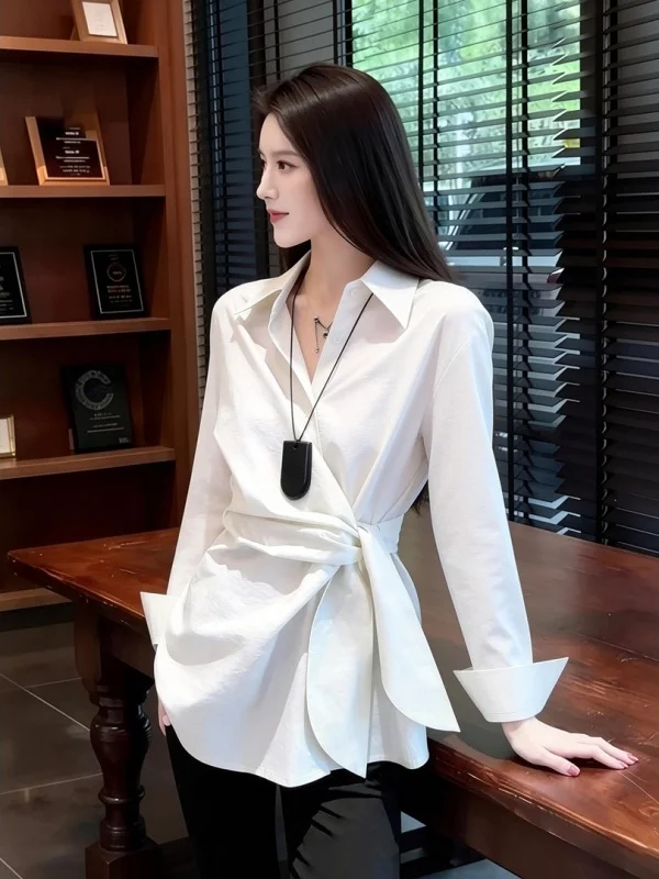 

Ele Simple Design Gathered Waist Tie Belt White irt Spring 2026 Women's New Sle Small ence Top Commute Sle