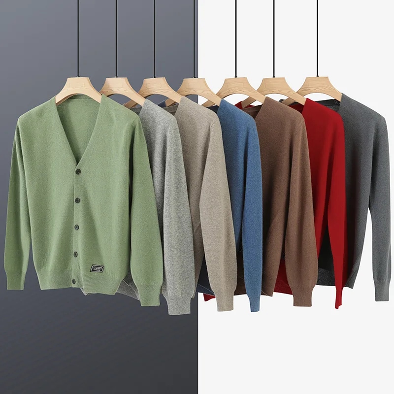 Autumn And Winter New Pure Wool Knitted Cardigan Men's Sweater Business Simple Casual V-neck Coat Slim Bottoming Shirt