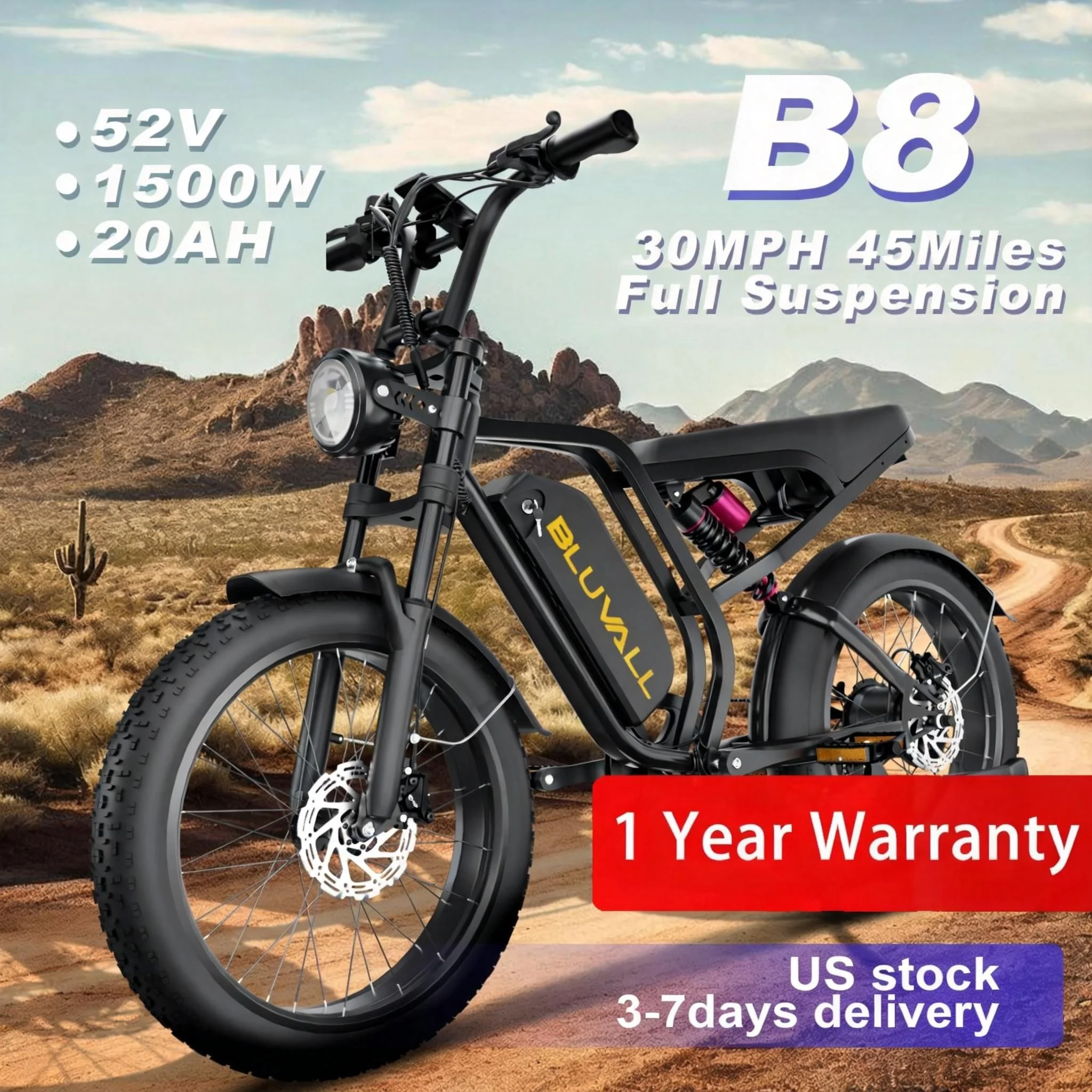 

Moobelo B8 Snow-Ready Full Terrain Electric Bike for Adults 1500W Motor 52V 20AH 32MPH High Speed Fast Charge Waterproof Ebike