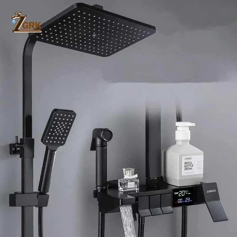 ZGRK Black Rainfall Faucets Set Wall Mounted Rain Shower System Storage Bath Shower Set Hot Cold with Spray Hand Shower