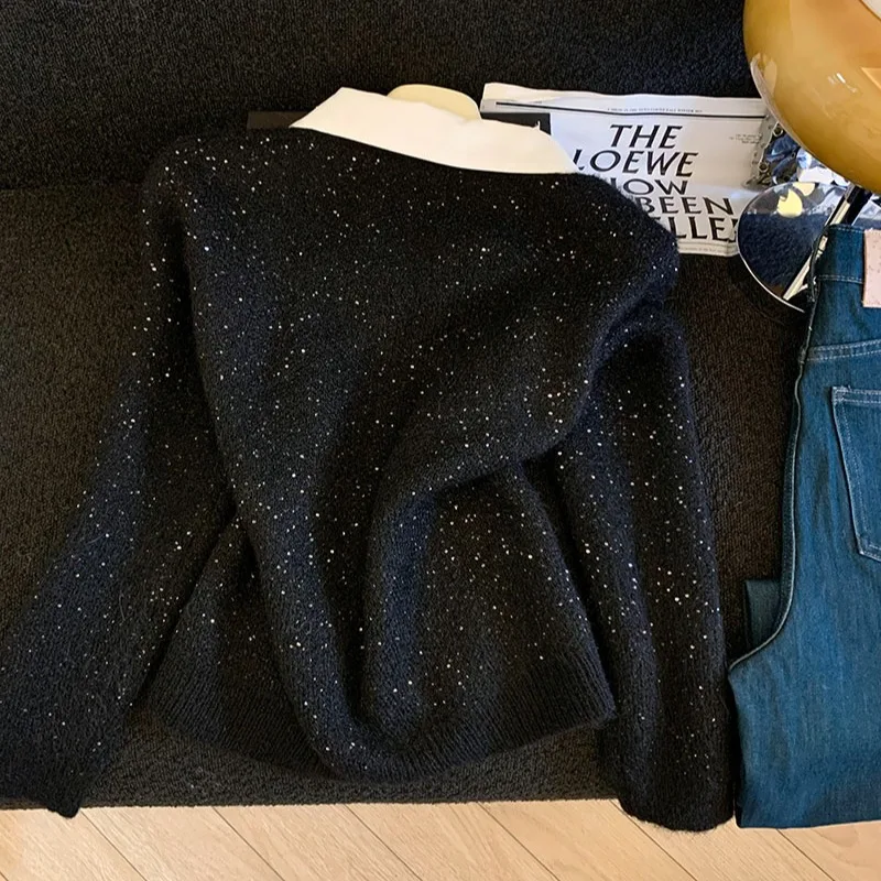 Unique  Collar Splice Knitted Shirt Women Winter New Style Self-kept Edition Thickened Long Sleeve  Color for Ladies
