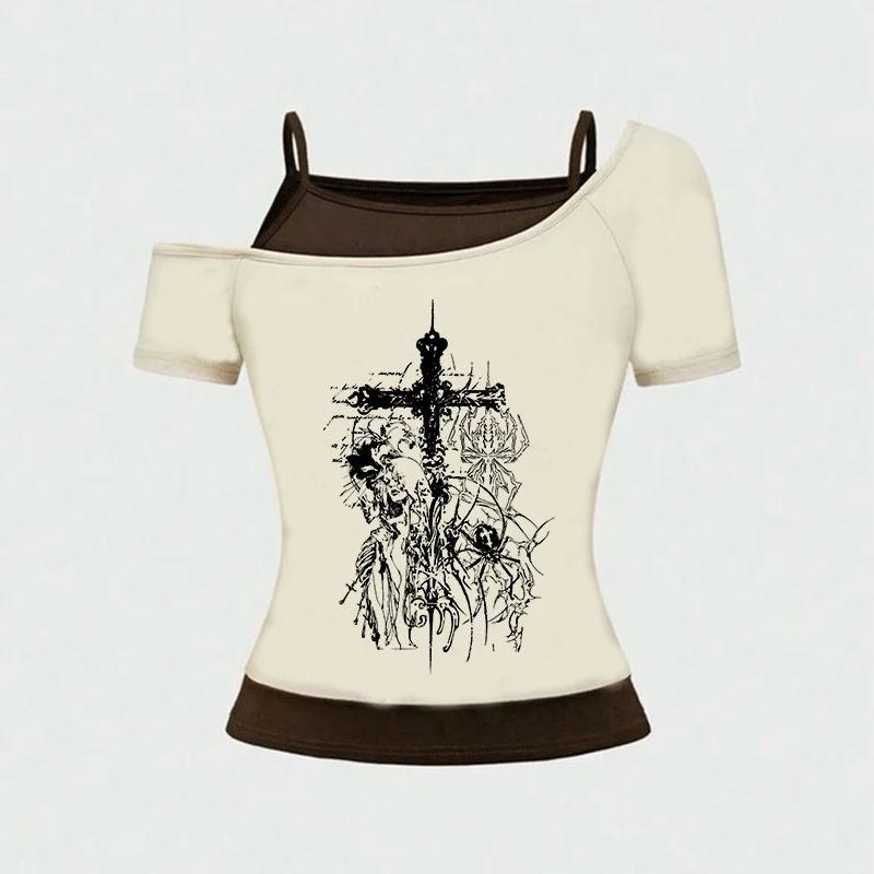 

High Street Fashion Retro Versatile Slim T-shirt Harajuku Aesthetic Y2K Casual Women Top Gothic Creative Cross Pattern Print Tee