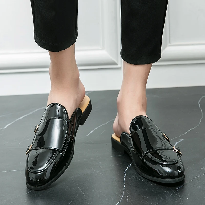 

Summer Shiny Half Slippers with Double Buttons and No Heel Breathable and Fashionable Toe Cap One Step Lazy Slippers