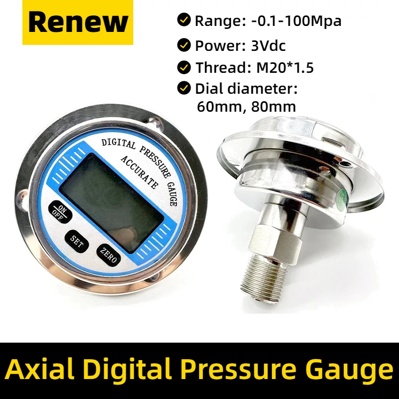 Manômetro de Pressão Digital Display Lcd Barra Mpa Psi Kgf Cm2 ar Óleo Líquido Manômetro Axial Npt1 Npt1 Npt4 Montagem Traseira 100 mm