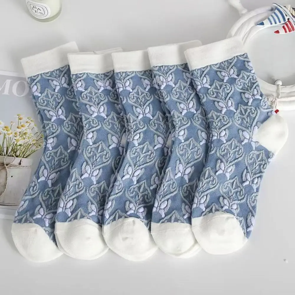 5 Pairs Aesthetic Blue Floral Print Crew Socks Breathable Soft Ankle Socks Cotton Elastic Cuff Casual Socks Daily Wear