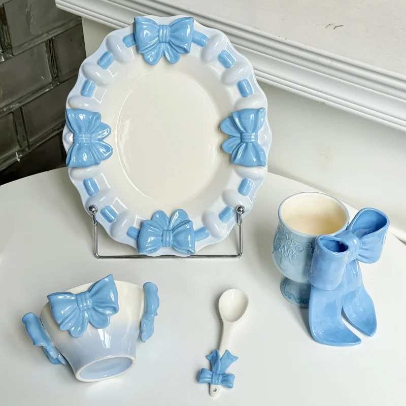 Elegant Bow Under Glaze Ceramic Plate Romantic Embossed Serveware Decorative Dessert Bowl Aesthetic Wedding Decoration Tableware