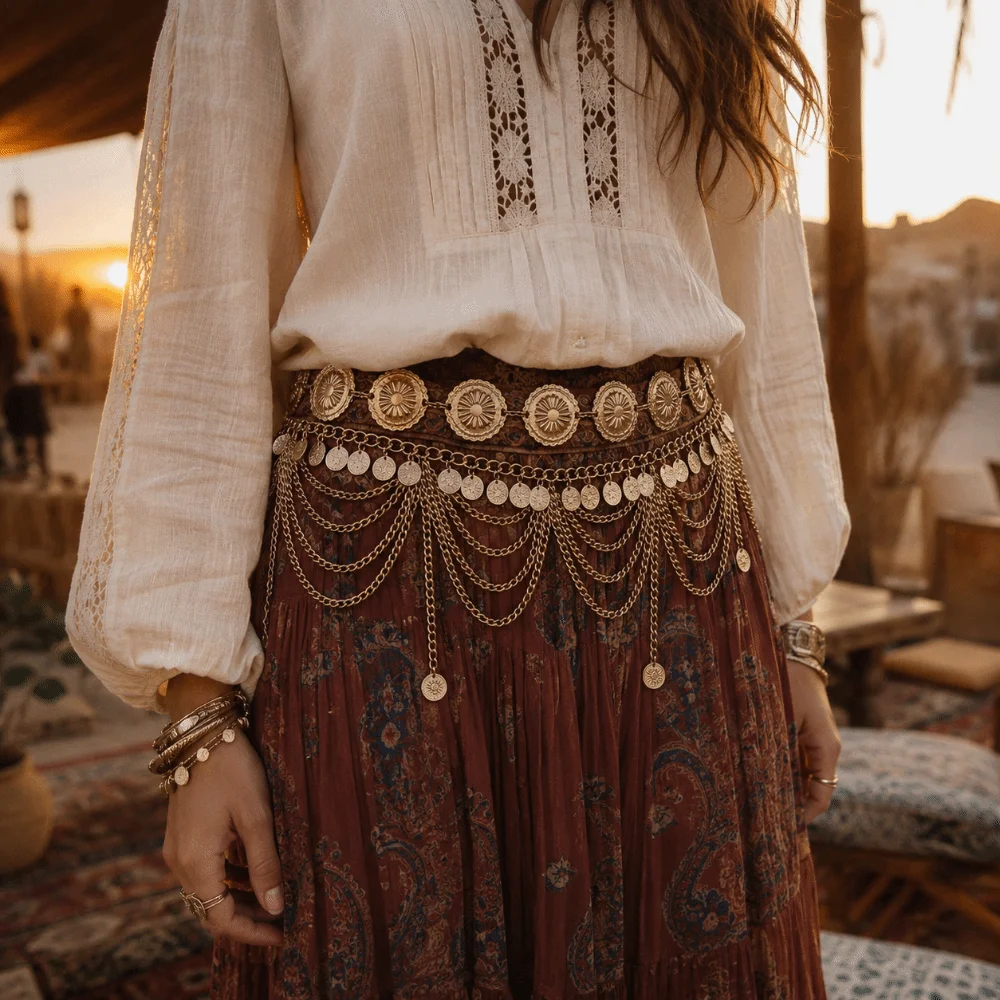 Ethnic Style Hollow Out Multi Layer Waist Chain Elegant Shiny Fringe Belt Delicate Tassel Dance Accessories Beach